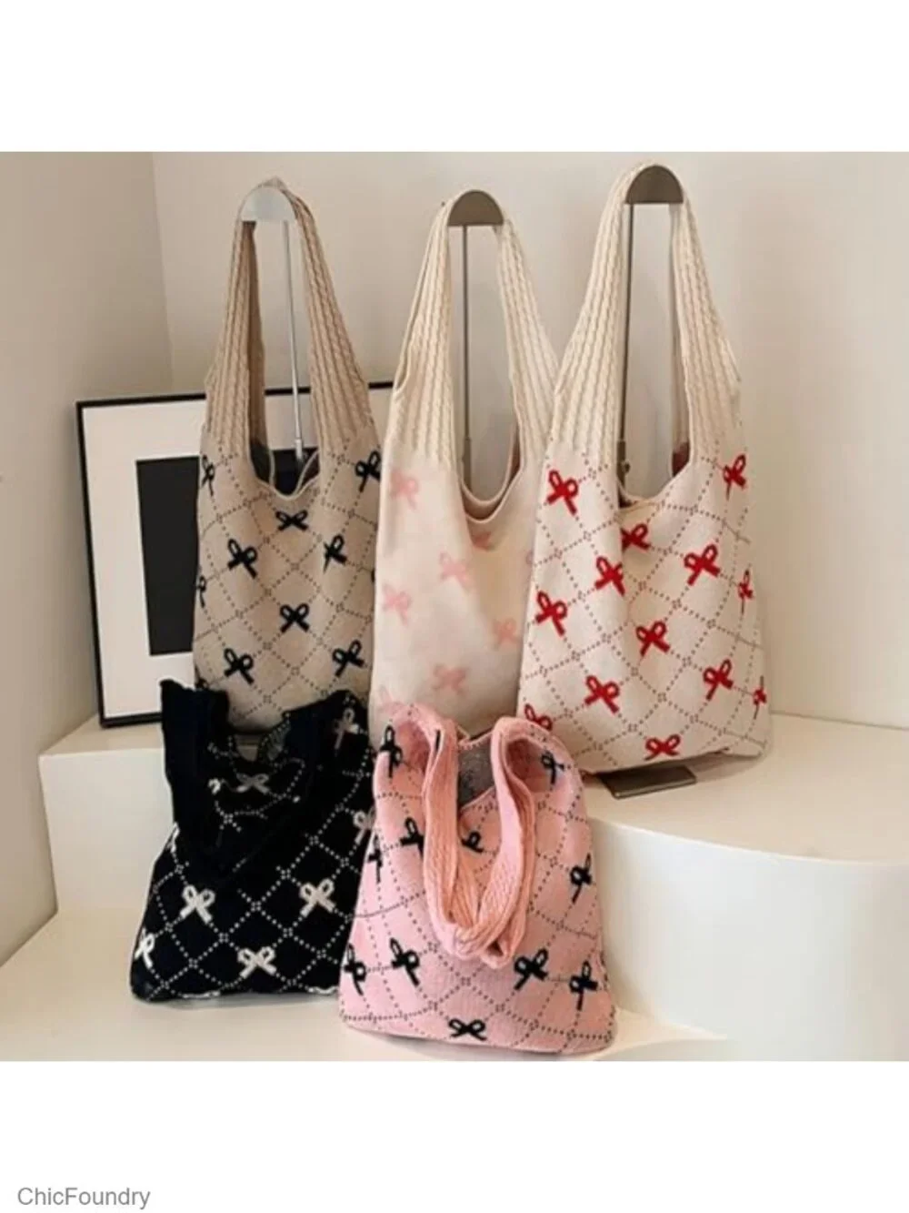 Crochet Beach Tote Bag Coquette Bow Boho Knit Shoulder Purse Vacation Handbag
